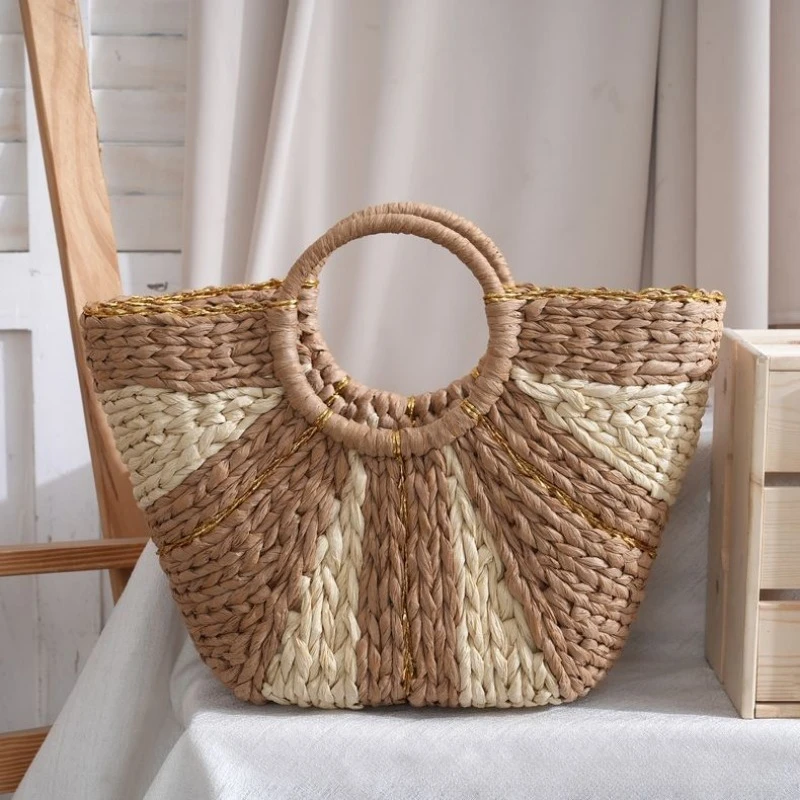 Large Capacity Straw Woven Bea - Women Handheld Bags 评论和价格